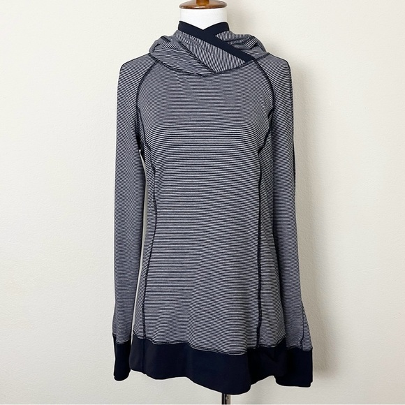 Lululemon Think‎ Fast Hoodie Tonka Stripe Heathered Slate Black / Black Size 8 - Picture 4 of 15